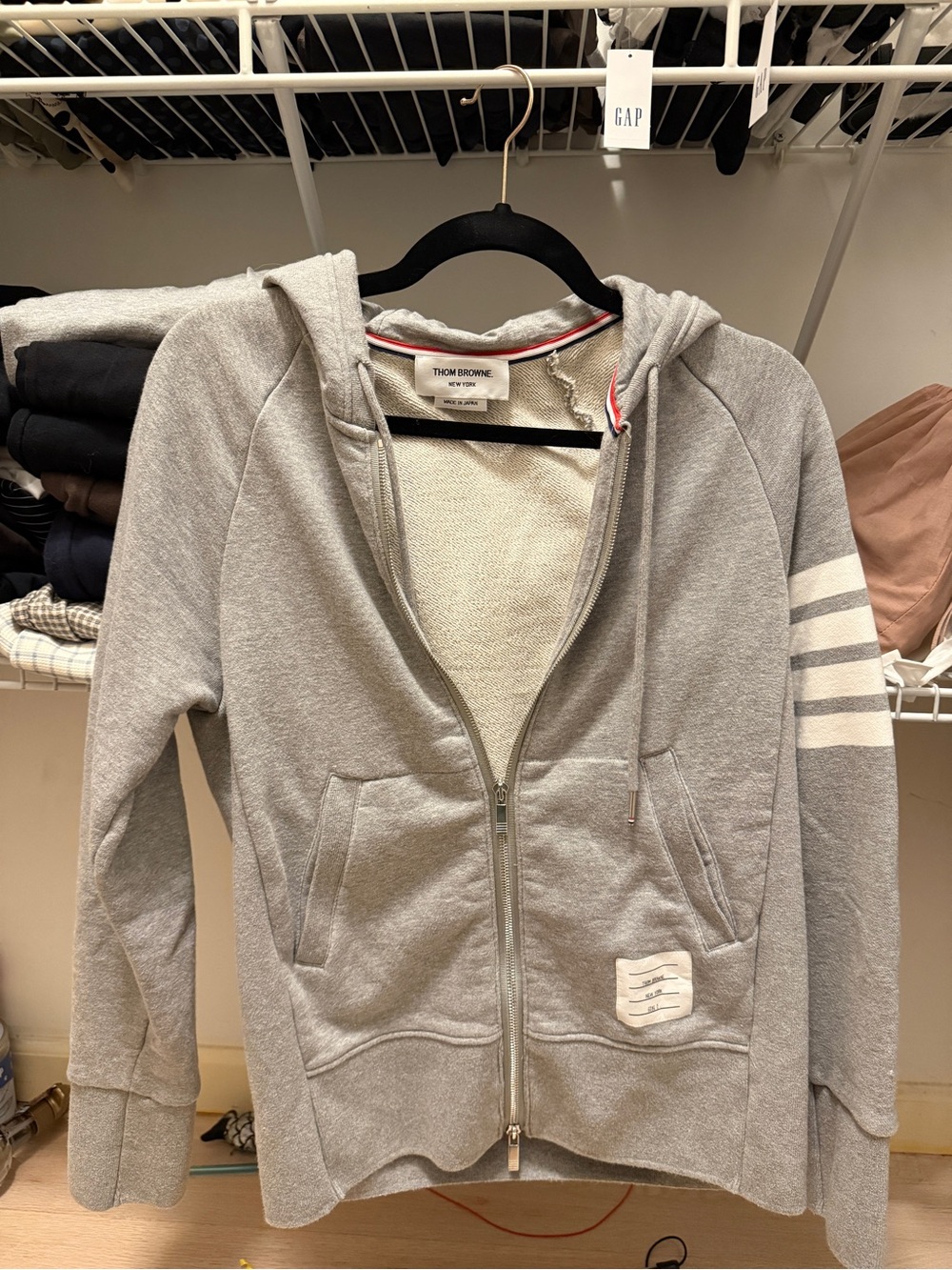 Thom Browne Men's Light Gray Zip-Up Hoodie with Four White Sleeve Stripes
